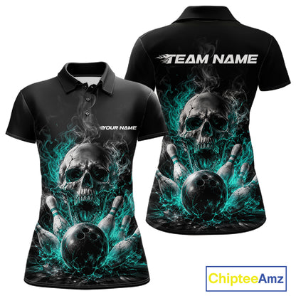 Custom Turquoise Blue Smoke Flame Skull Bowling Women Polo Shirt, Halloween Outfit IPHW11980