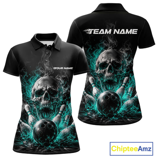 Custom Turquoise Blue Smoke Flame Skull Bowling Women Polo Shirt, Halloween Outfit IPHW11980
