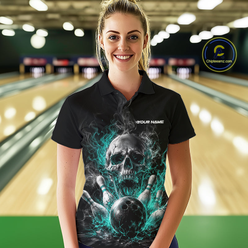 Custom Turquoise Blue Smoke Flame Skull Bowling Women Polo Shirt, Halloween Outfit IPHW11980