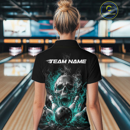 Custom Turquoise Blue Smoke Flame Skull Bowling Women Polo Shirt, Halloween Outfit IPHW11980