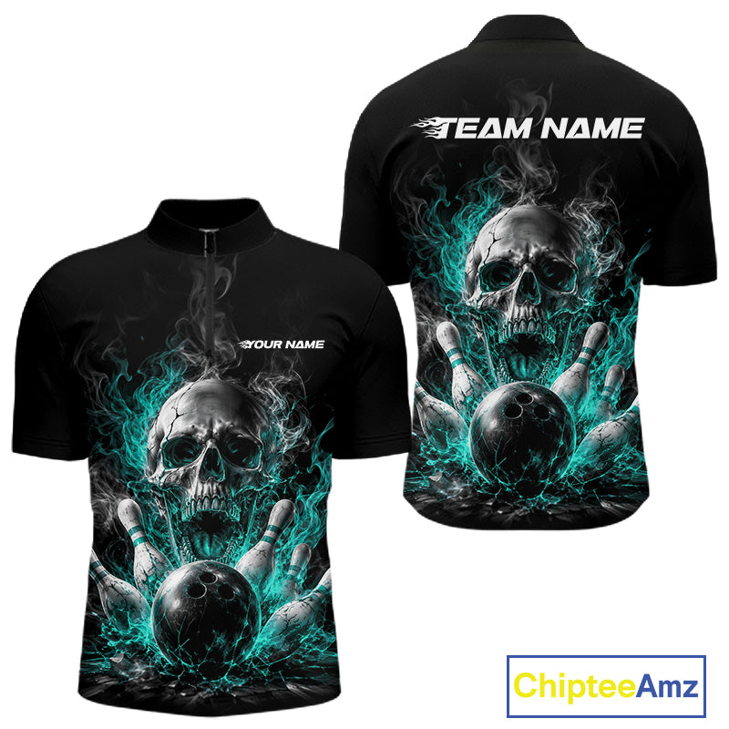 Custom Turquoise Blue Smoke Flame Skull Bowling Men Quarter Zip Shirt, Halloween Outfit IPHW11980