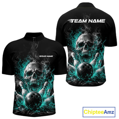 Custom Turquoise Blue Smoke Flame Skull Bowling Men Quarter Zip Shirt, Halloween Outfit IPHW11980