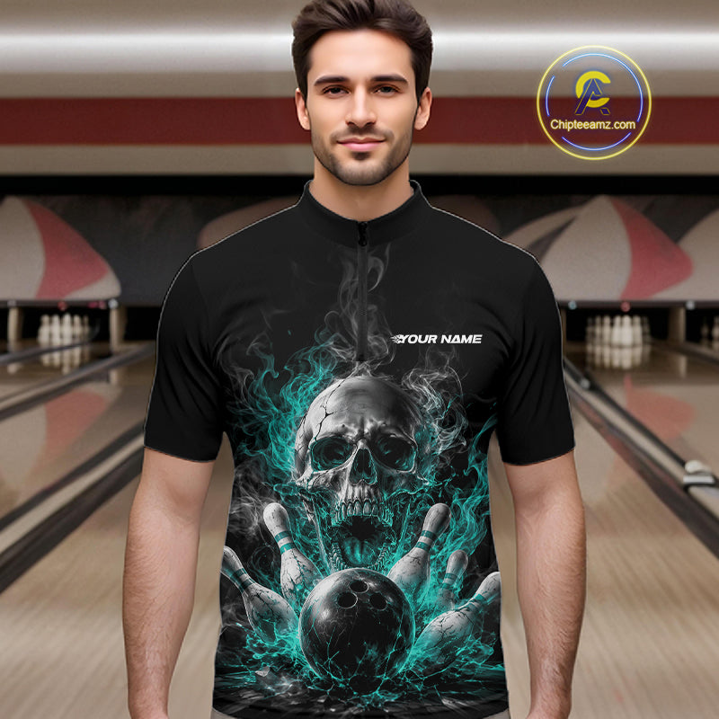 Custom Turquoise Blue Smoke Flame Skull Bowling Men Quarter Zip Shirt, Halloween Outfit IPHW11980