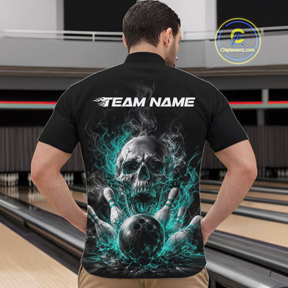 Custom Turquoise Blue Smoke Flame Skull Bowling Men Quarter Zip Shirt, Halloween Outfit IPHW11980