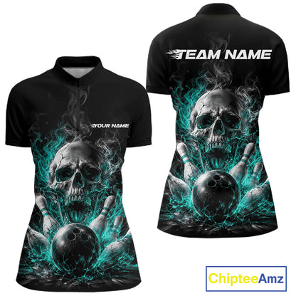 Custom Blue Smoke Flame Skull Bowling Women Quarter-Zip Shirt, Halloween Outfit IPHW11980