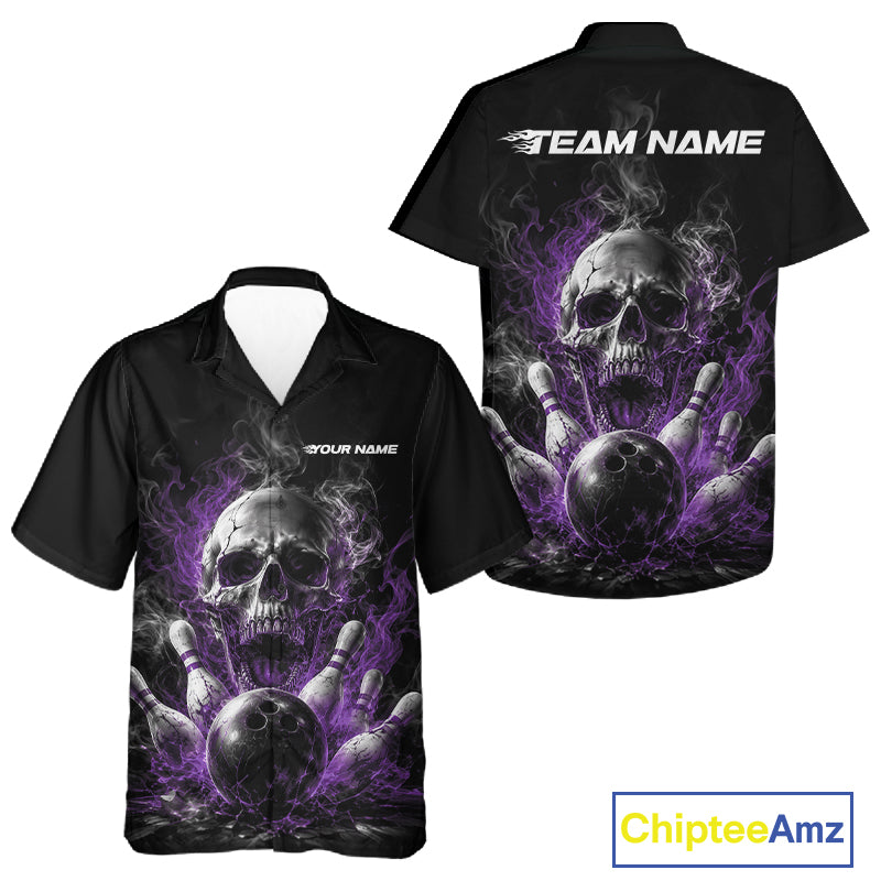 Custom Black And Purple Smoke Flame Skull Bowling Men And Women Button Up Shirt, Halloween Outfit IPHW11981