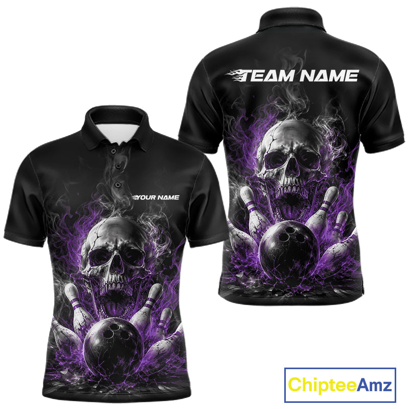 Custom Black And Purple Smoke Flame Skull Bowling Men Polo Shirt, Halloween Outfit IPHW11981