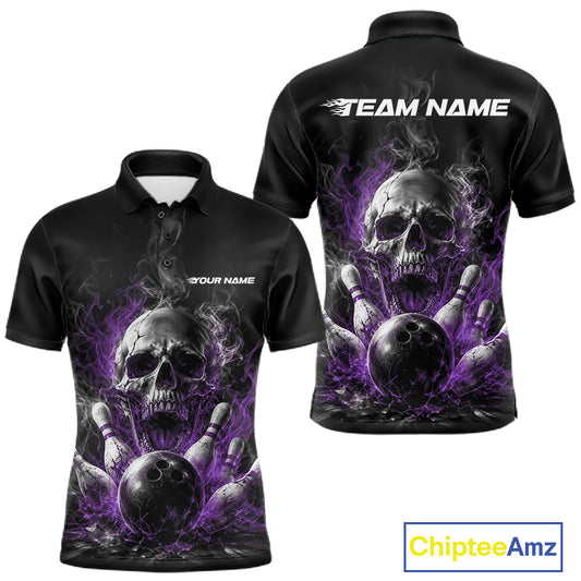 Custom Black And Purple Smoke Flame Skull Bowling Men Polo Shirt, Halloween Outfit IPHW11981