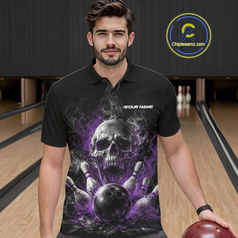 Custom Black And Purple Smoke Flame Skull Bowling Men Polo Shirt, Halloween Outfit IPHW11981