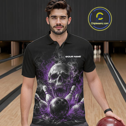Custom Black And Purple Smoke Flame Skull Bowling Men Polo Shirt, Halloween Outfit IPHW11981