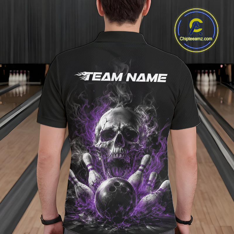 Custom Black And Purple Smoke Flame Skull Bowling Men Polo Shirt, Halloween Outfit IPHW11981