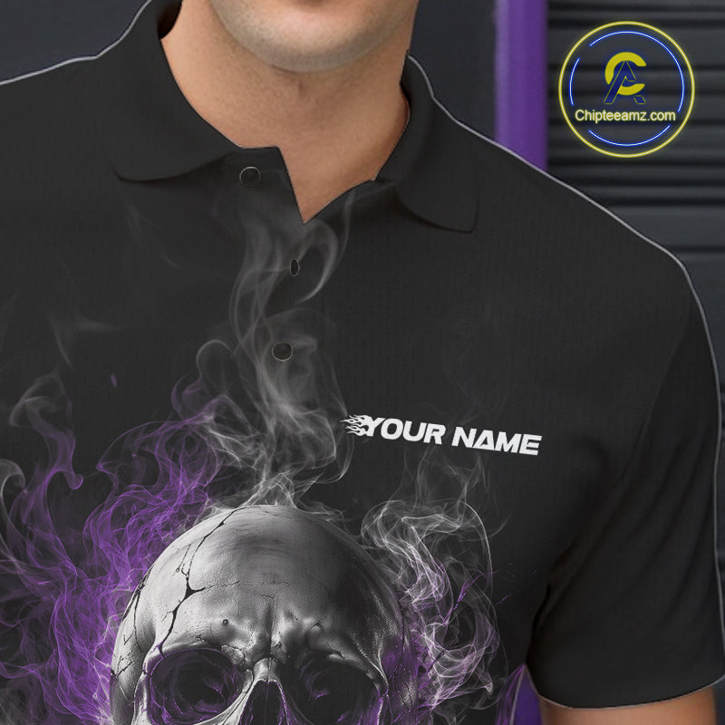 Custom Black And Purple Smoke Flame Skull Bowling Men Polo Shirt, Halloween Outfit IPHW11981