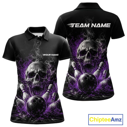 Custom Black And Purple Smoke Flame Skull Bowling Women Polo Shirt, Halloween Outfit IPHW11981