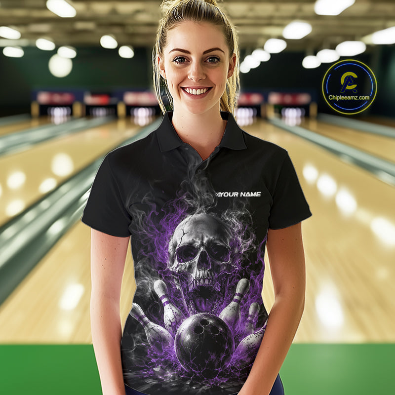 Custom Black And Purple Smoke Flame Skull Bowling Women Polo Shirt, Halloween Outfit IPHW11981