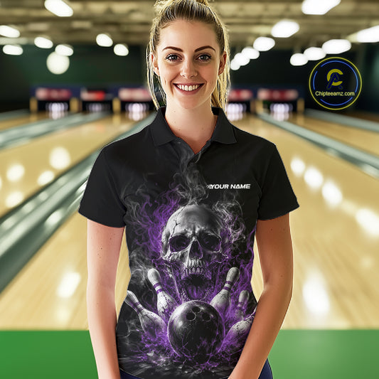 Custom Black And Purple Smoke Flame Skull Bowling Women Polo Shirt, Halloween Outfit IPHW11981