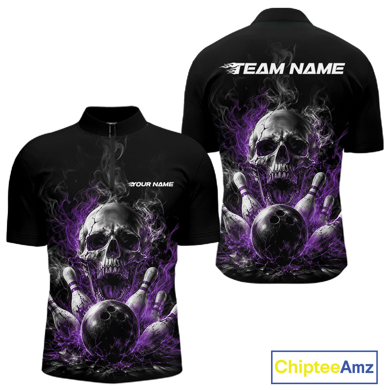 Custom Black And Purple Smoke Flame Skull Bowling Men Quarter Zip Shirt, Halloween Outfit IPHW11981