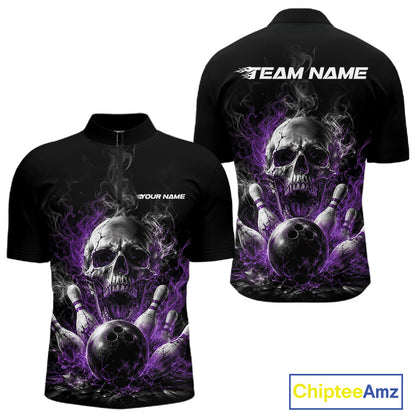 Custom Black And Purple Smoke Flame Skull Bowling Men Quarter Zip Shirt, Halloween Outfit IPHW11981