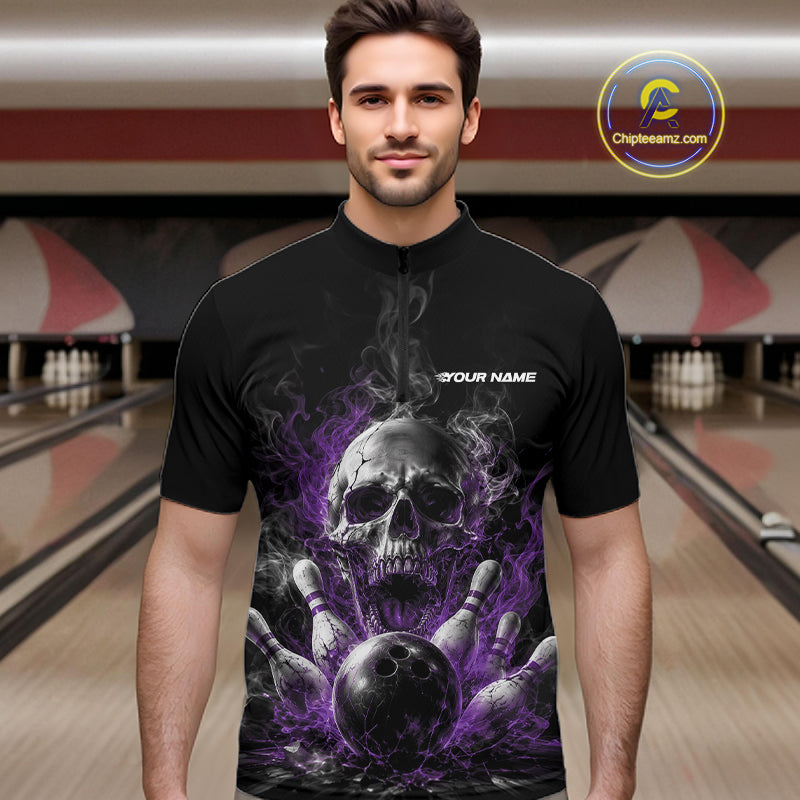 Custom Black And Purple Smoke Flame Skull Bowling Men Quarter Zip Shirt, Halloween Outfit IPHW11981