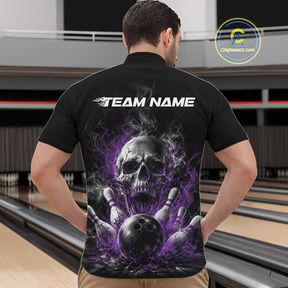 Custom Black And Purple Smoke Flame Skull Bowling Men Quarter Zip Shirt, Halloween Outfit IPHW11981