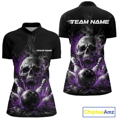 Custom Purple Smoke Flame Skull Bowling Women Quarter-Zip Shirt, Halloween Outfit IPHW11981