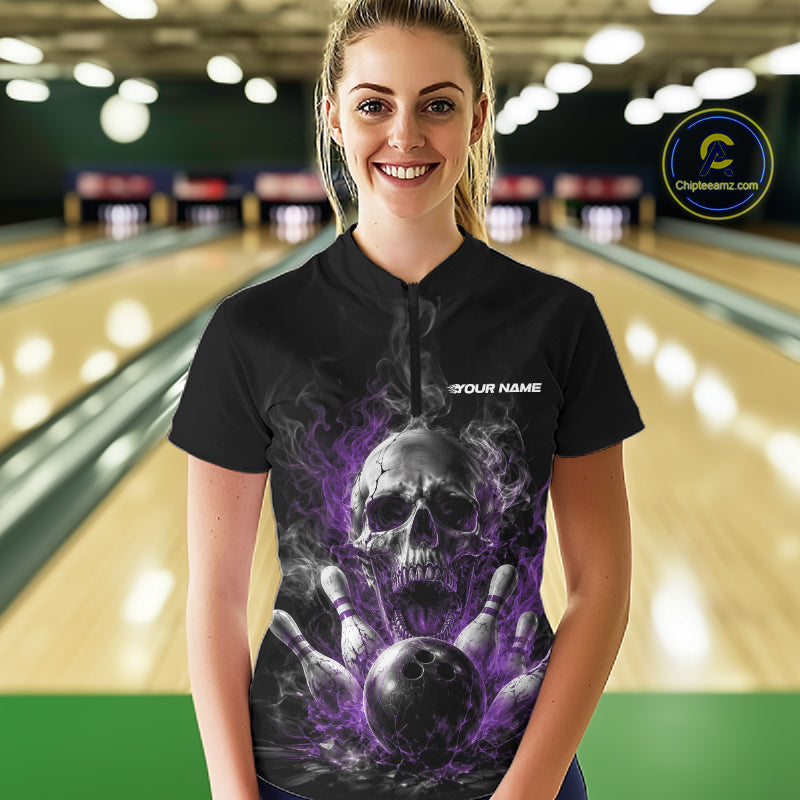 Custom Purple Smoke Flame Skull Bowling Women Quarter-Zip Shirt, Halloween Outfit IPHW11981