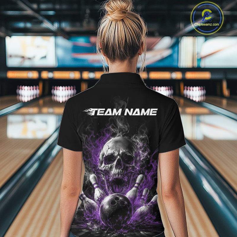 Custom Purple Smoke Flame Skull Bowling Women Quarter-Zip Shirt, Halloween Outfit IPHW11981