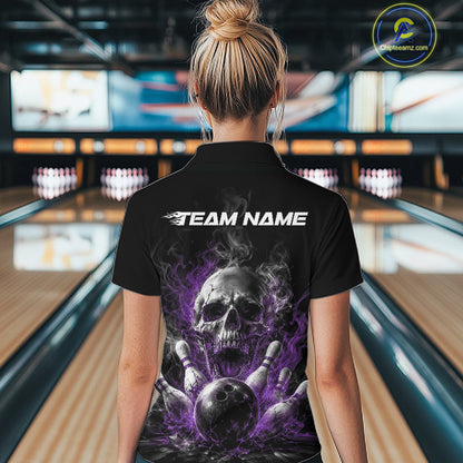 Custom Purple Smoke Flame Skull Bowling Women Quarter-Zip Shirt, Halloween Outfit IPHW11981