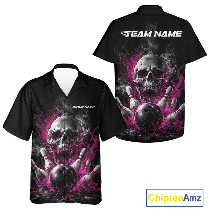 Custom Black And Pink Smoke Flame Skull Bowling Men And Women Button Up Shirt, Halloween Outfit IPHW11982