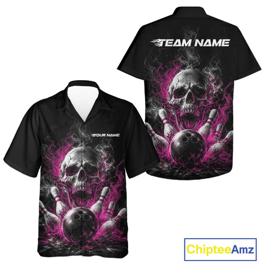Custom Black And Pink Smoke Flame Skull Bowling Men And Women Button Up Shirt, Halloween Outfit IPHW11982