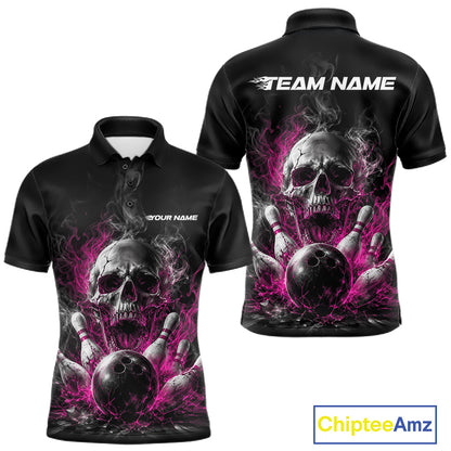 Custom Black And Pink Smoke Flame Skull Bowling Men Polo Shirt, Halloween Outfit IPHW11982