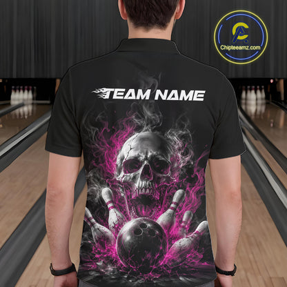 Custom Black And Pink Smoke Flame Skull Bowling Men Polo Shirt, Halloween Outfit IPHW11982