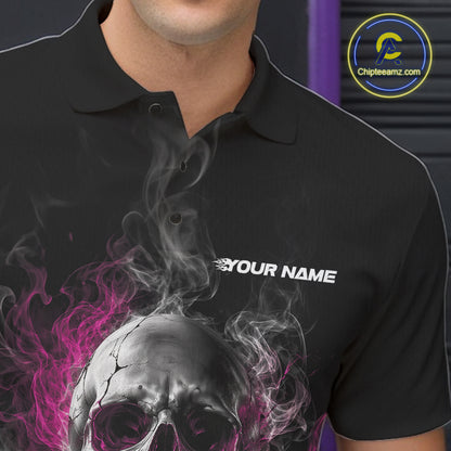 Custom Black And Pink Smoke Flame Skull Bowling Men Polo Shirt, Halloween Outfit IPHW11982