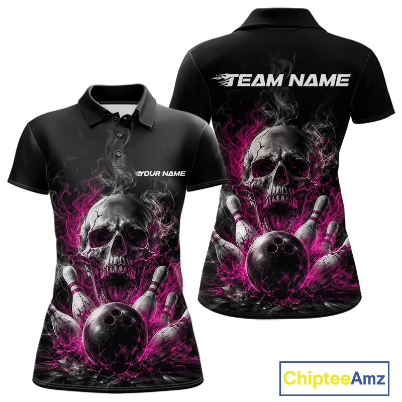 Custom Black And Pink Smoke Flame Skull Bowling Women Polo Shirt, Halloween Outfit IPHW11982