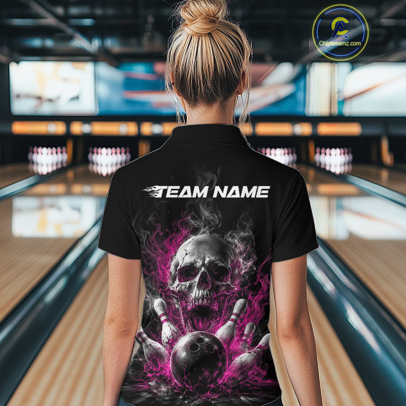 Custom Black And Pink Smoke Flame Skull Bowling Women Polo Shirt, Halloween Outfit IPHW11982