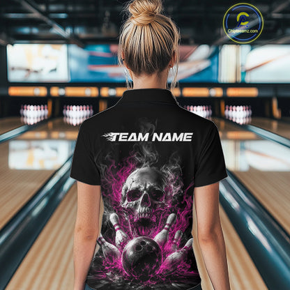 Custom Black And Pink Smoke Flame Skull Bowling Women Polo Shirt, Halloween Outfit IPHW11982