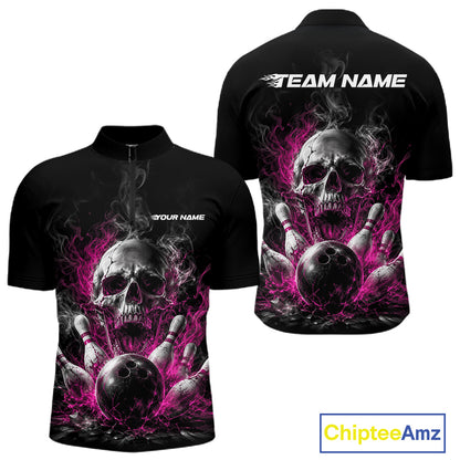 Custom Black And Pink Smoke Flame Skull Bowling Men Quarter Zip Shirt, Halloween Outfit IPHW11982
