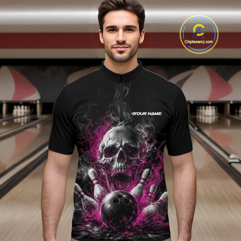 Custom Black And Pink Smoke Flame Skull Bowling Men Quarter Zip Shirt, Halloween Outfit IPHW11982