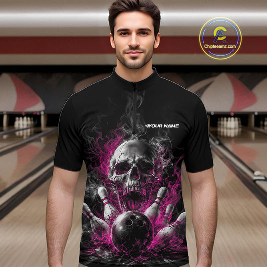Custom Black And Pink Smoke Flame Skull Bowling Men Quarter Zip Shirt, Halloween Outfit IPHW11982