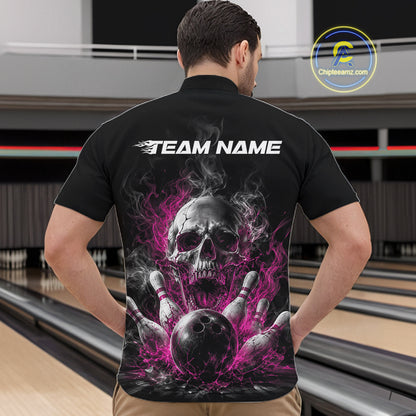 Custom Black And Pink Smoke Flame Skull Bowling Men Quarter Zip Shirt, Halloween Outfit IPHW11982