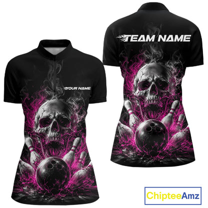 Custom Pink Smoke Flame Skull Bowling Women Quarter-Zip Shirt, Halloween Outfit IPHW11982