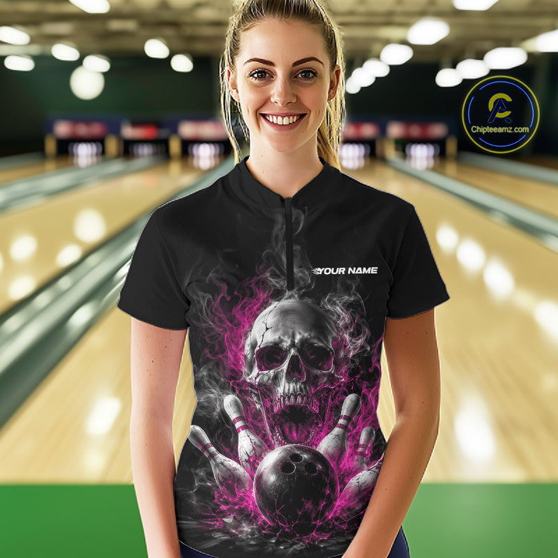 Custom Pink Smoke Flame Skull Bowling Women Quarter-Zip Shirt, Halloween Outfit IPHW11982