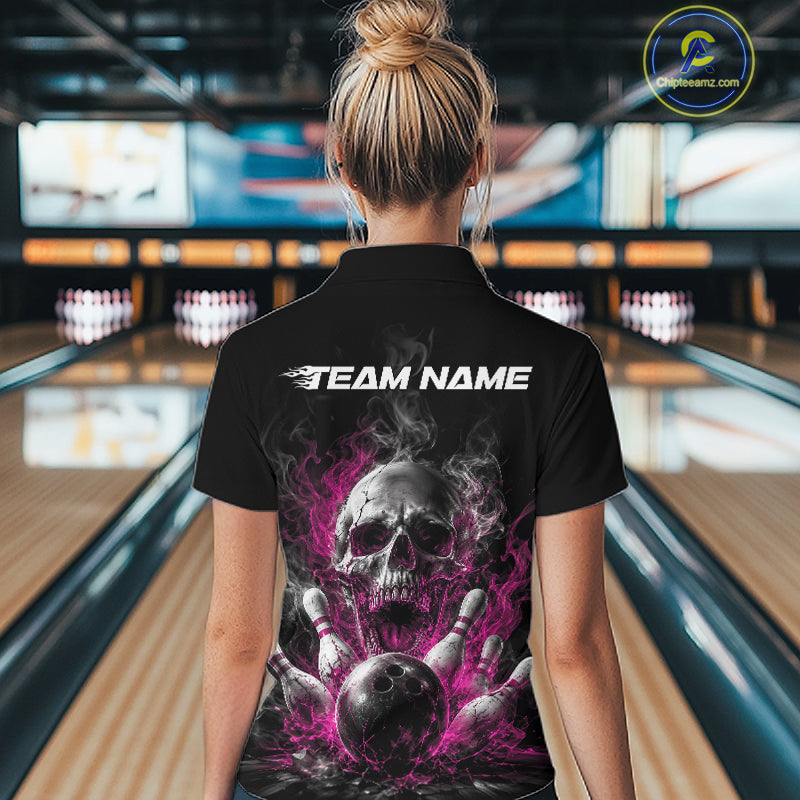 Custom Pink Smoke Flame Skull Bowling Women Quarter-Zip Shirt, Halloween Outfit IPHW11982