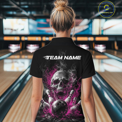 Custom Pink Smoke Flame Skull Bowling Women Quarter-Zip Shirt, Halloween Outfit IPHW11982