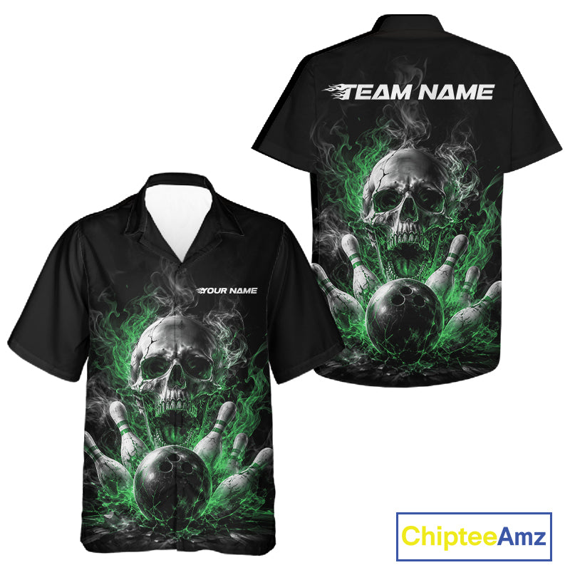 Custom Black And Green Smoke Flame Skull Bowling Men And Women Button Up Shirt, Halloween Outfit IPHW11983
