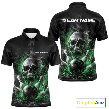 Custom Black And Green Smoke Flame Skull Bowling Men Polo Shirt, Halloween Outfit IPHW11983