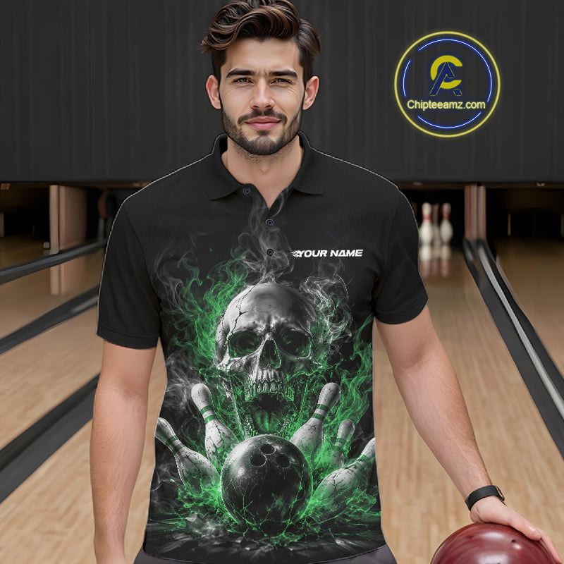 Custom Black And Green Smoke Flame Skull Bowling Men Polo Shirt, Halloween Outfit IPHW11983