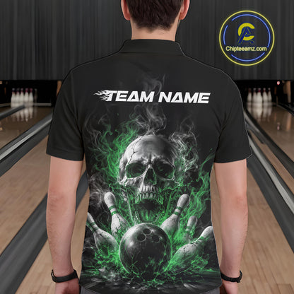 Custom Black And Green Smoke Flame Skull Bowling Men Polo Shirt, Halloween Outfit IPHW11983