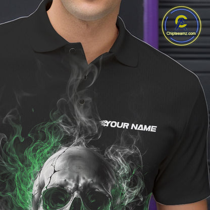 Custom Black And Green Smoke Flame Skull Bowling Men Polo Shirt, Halloween Outfit IPHW11983
