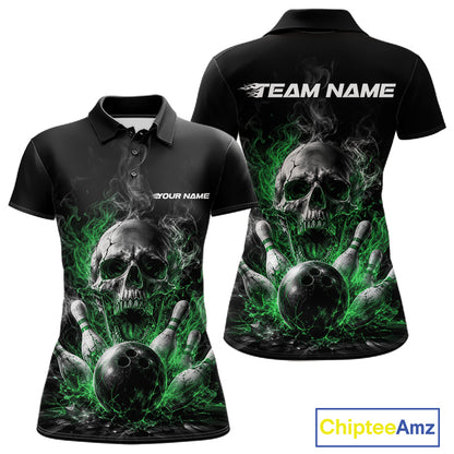 Custom Black And Green Smoke Flame Skull Bowling Women Polo Shirt, Halloween Outfit IPHW11983