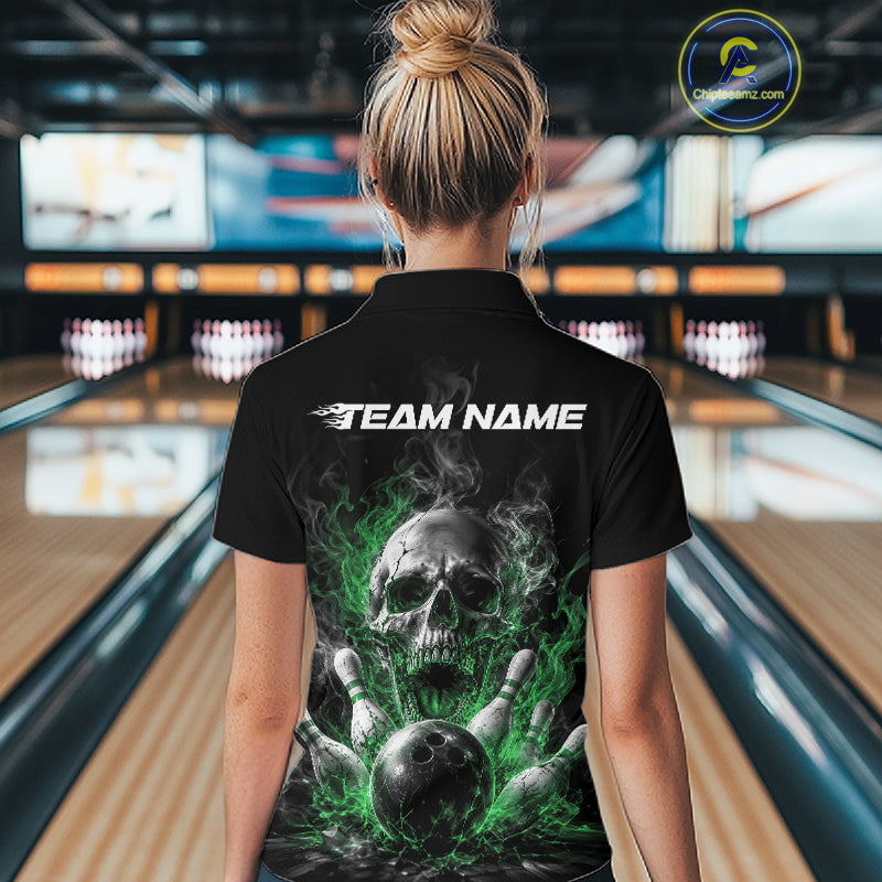 Custom Black And Green Smoke Flame Skull Bowling Women Polo Shirt, Halloween Outfit IPHW11983